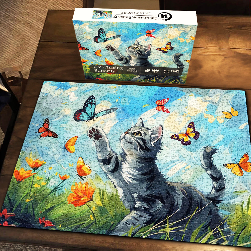 Gato persiguiendo a Butterfly Jigsaw Puzzle 1000 piezas